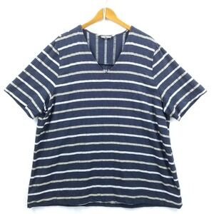 Ulla Popken Top Women 20/22 Blue Striped Cotton Short Sleeve V-Neck Tee Nautical